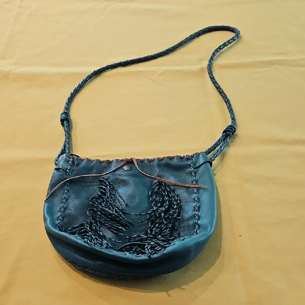 Handmade Leather Crossbody Purse- Boho Fringe & Braid Design - Forest Green